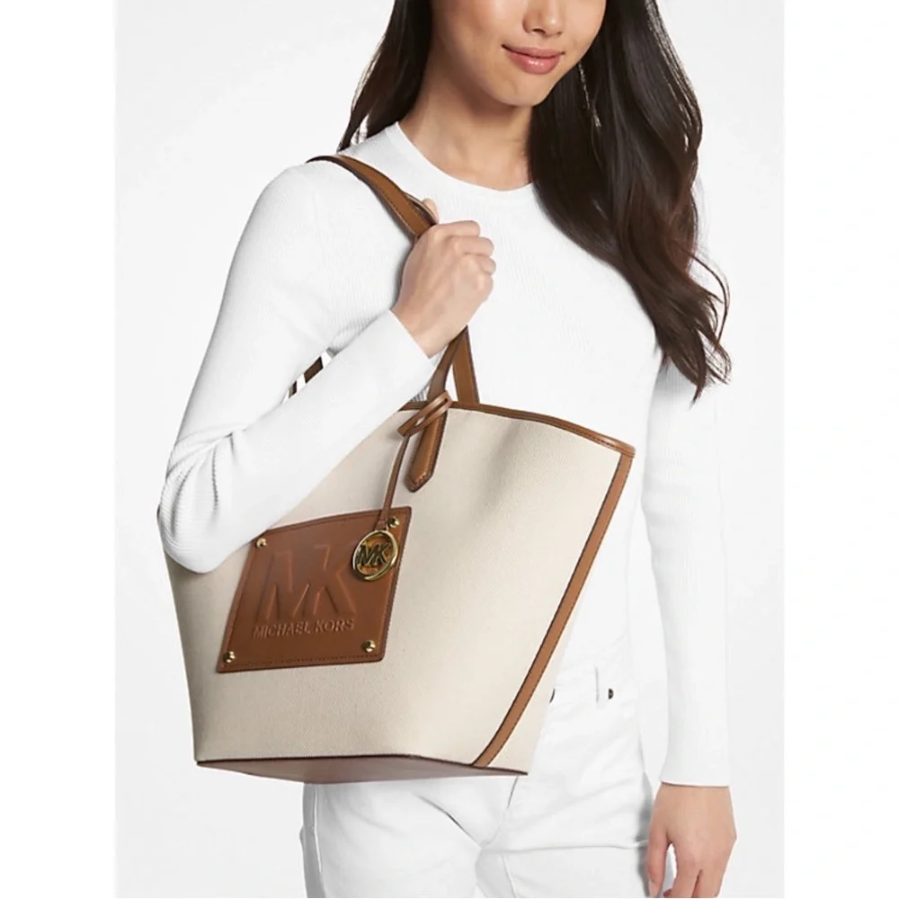 MICHAEL KORS Neutral Cream & Black Large Canvas Leather Kimber Logo Tote Bag